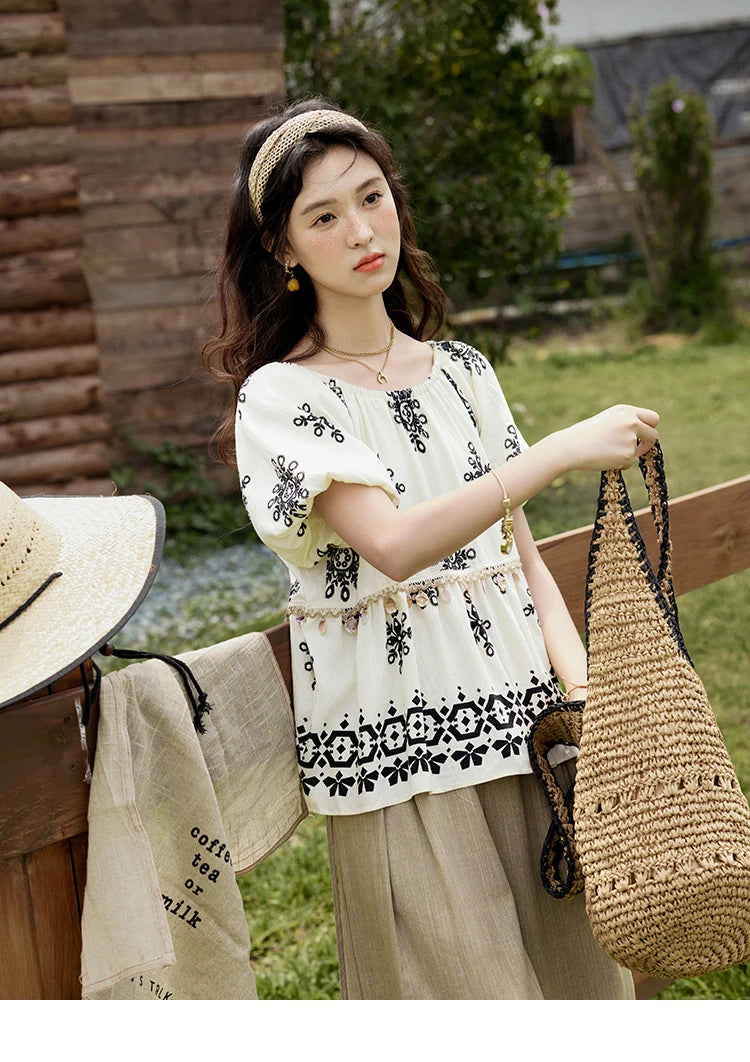 MISHOW Bohemian Print Blouse Short Puff Sleeve Square Collar Shell Ribbon MXE35X1817