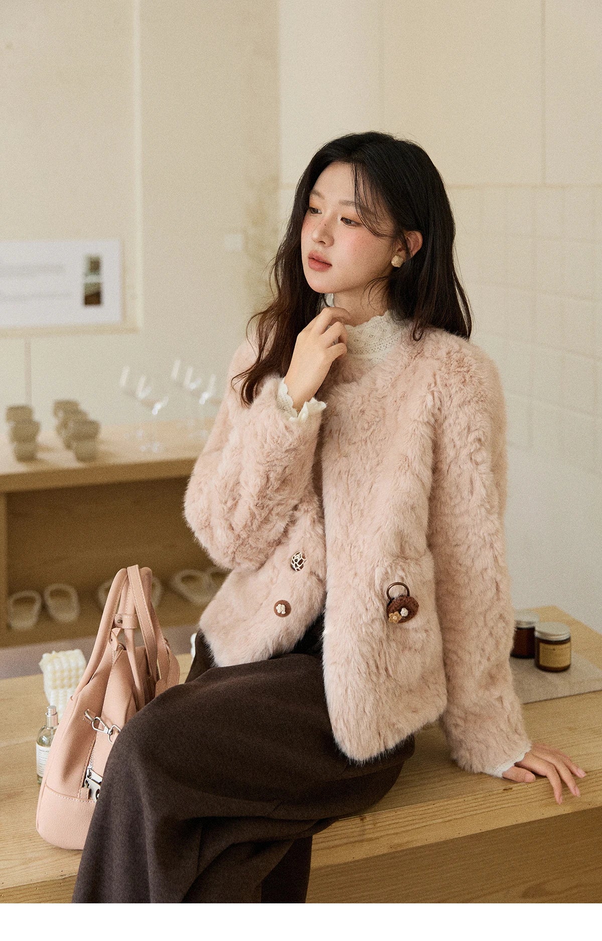 Mishow Sweet Pink Faux Rabbit Fur Coat MXE87W0990