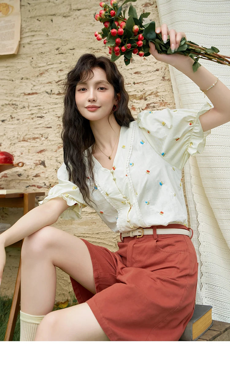 MISHOW 100% Cotton Square Neck Blouse Embroidered Lace Patchwork Puff Sleeve MXD22X1420