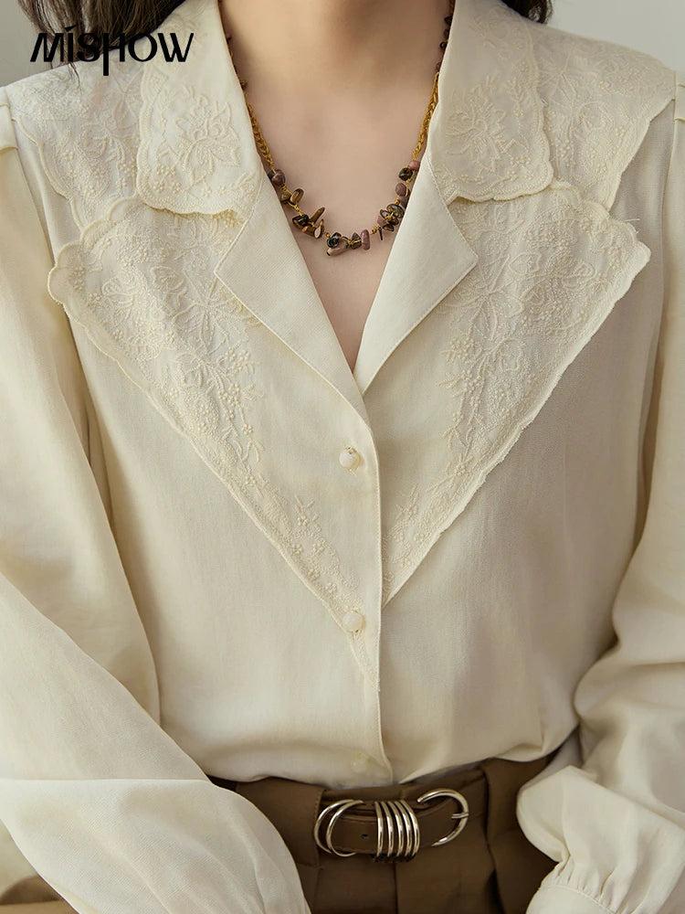 MISHOW Apricot Retro Lace V-Neck Blouse MXE45X2486