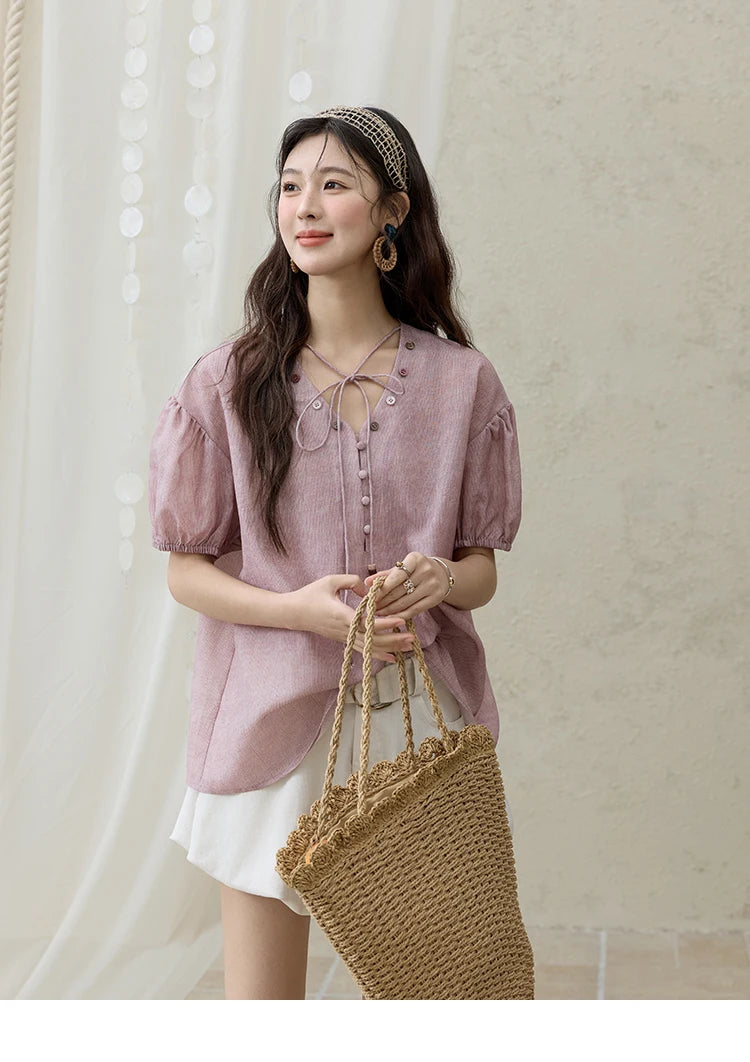 MISHOW Solid V-Neck Blouse Short Puff Sleeve Lace-Up MXE33X1743