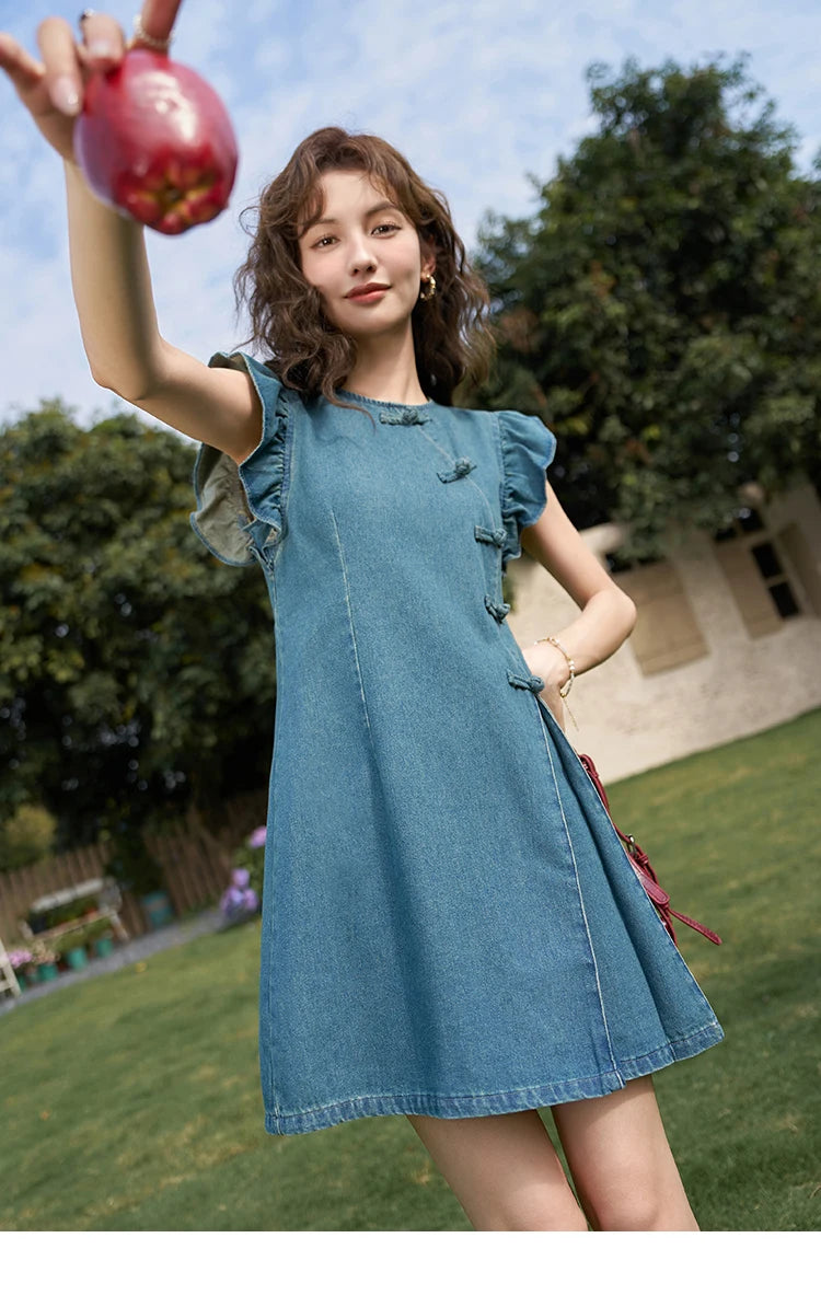 Mishow Chinese Flying Sleeve Split Denim Dress MXD22L1851