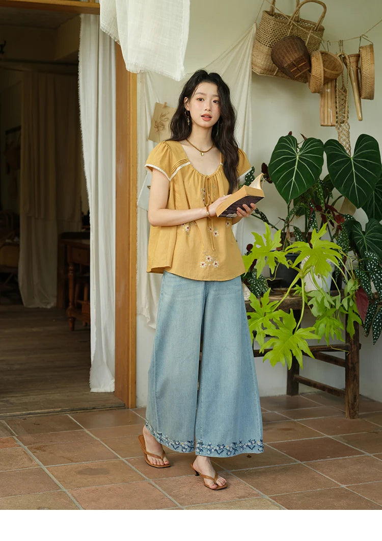MISHOW Embroidery Flower Blouse O-Neck Lace Up Flying Sleeve MXE39X1880
