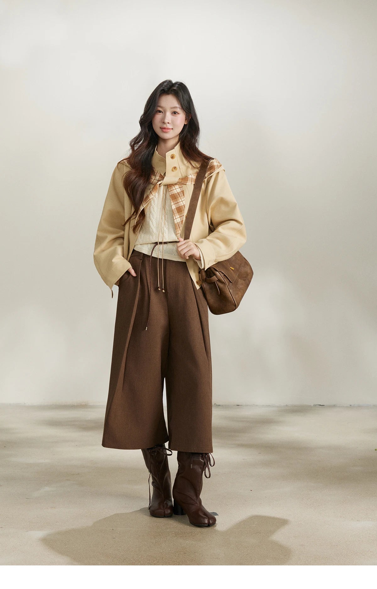MISHOW Khaki Cropped Trench Coat Lapel Stand Collar MXF108W1003