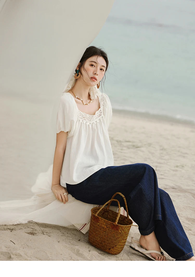 MISHOW Square Collar Puff Sleeve Blouse Lace Splicing MXE32X1780