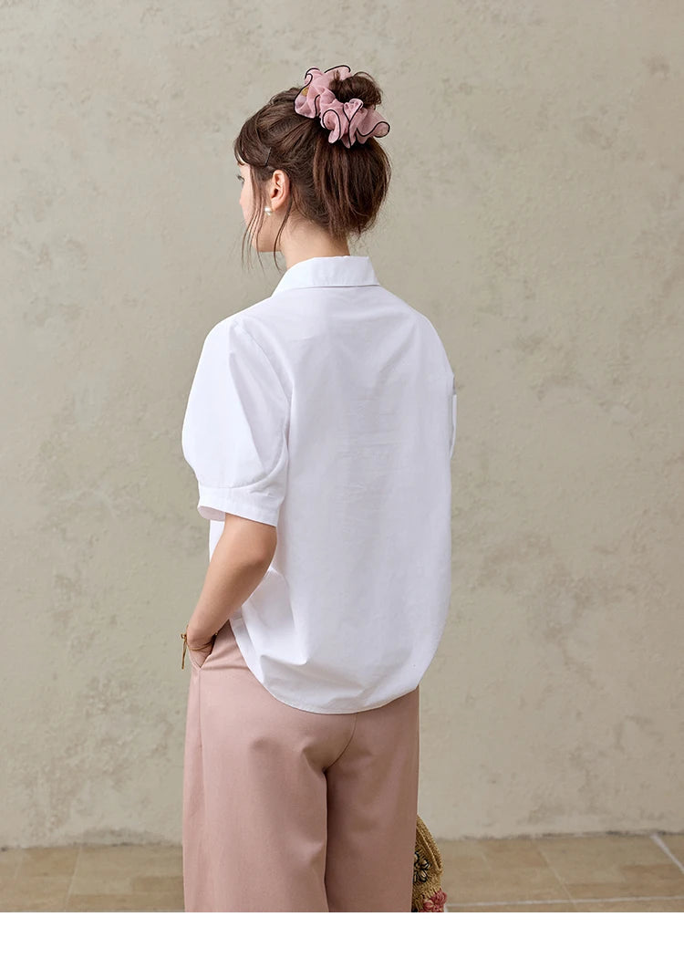 MISHOW French Turn-Down Collar Short Sleeve Solid Blouse MXE33C0778