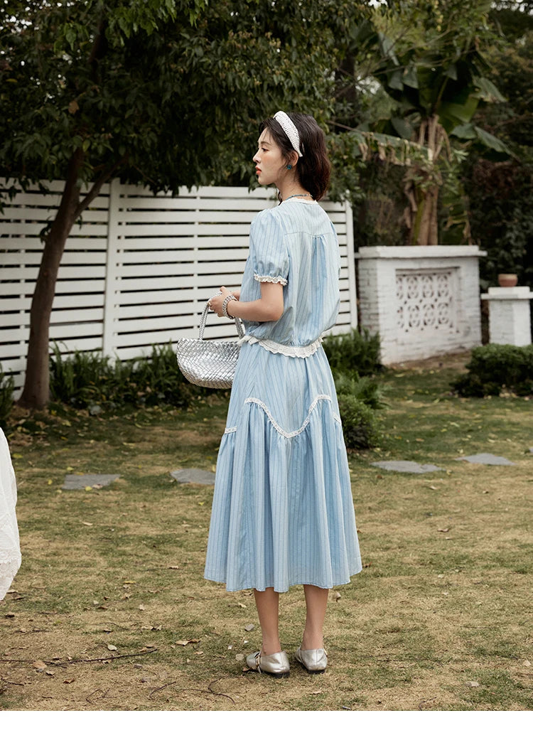 Mishow Blue Stripe V-Neck Top & A-Line Skirt Set MXE31T0531