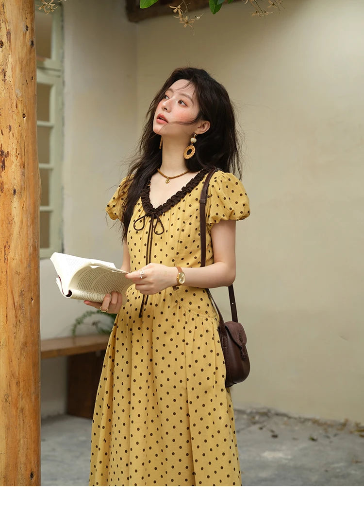 Mishow Polka Dot V-Neck Lace Up Puff Sleeve Dress MXE39L2326