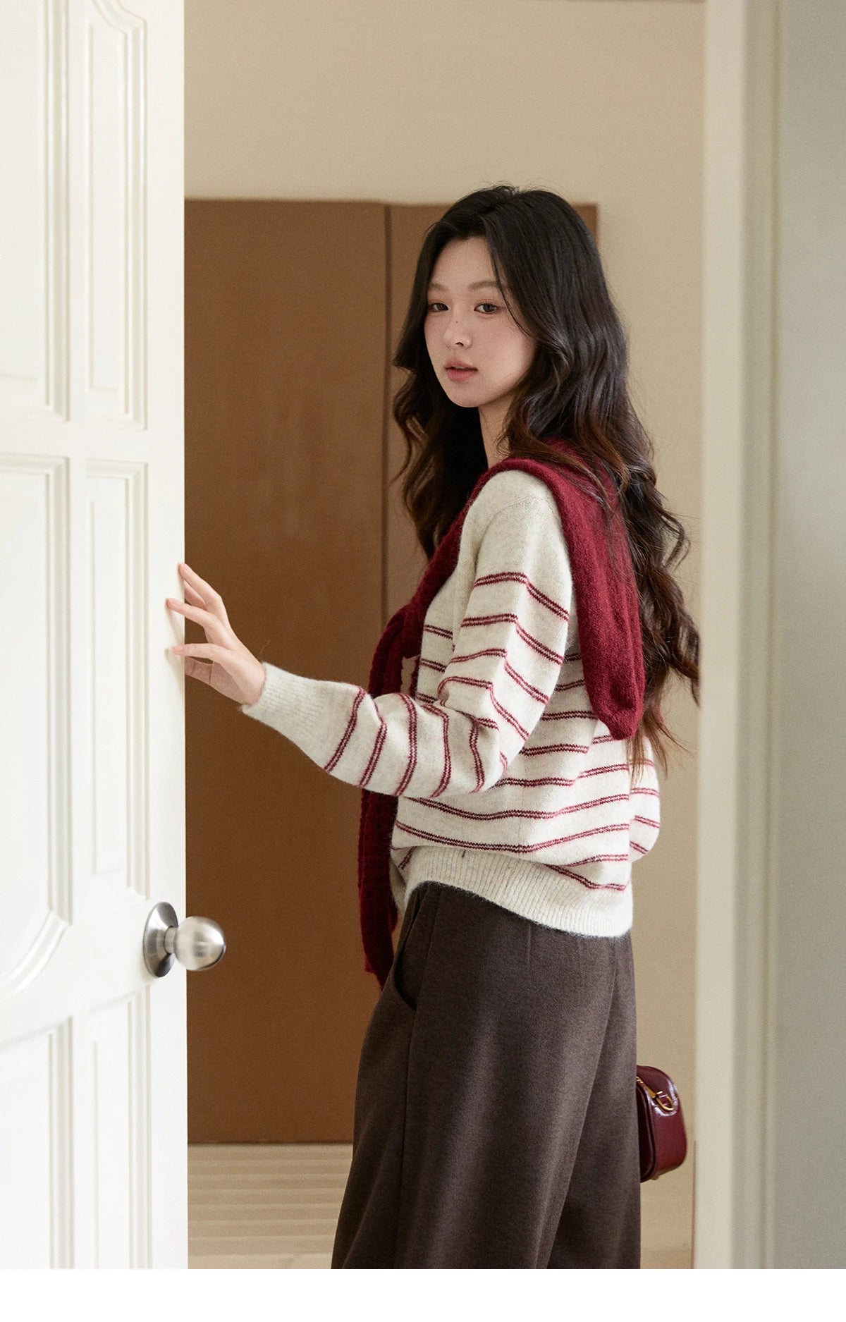 Mishow Beige Striped Red Scarf Button Cardigan MXE93Z2948