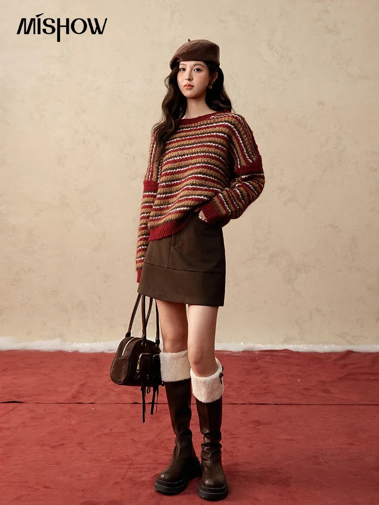 Mishow Christmas Retro Striped Wool Blend Button Sweater MXD59Z1060