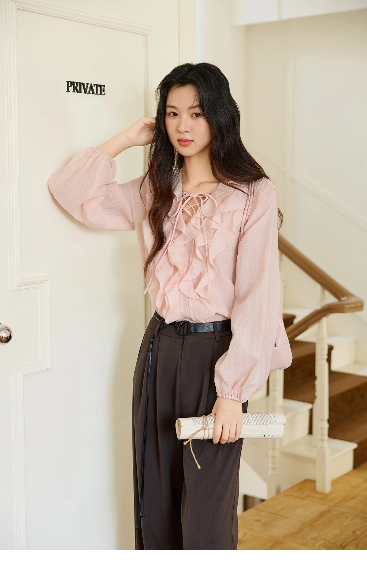 MISHOW Pink Ruffled Blouse V-Neck Lace Up Lantern Sleeve MXE49X2504