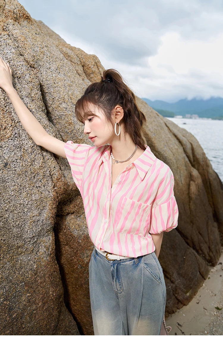MISHOW Women's Striped Puff Sleeve Polo Neck Shirt MXC38C0072