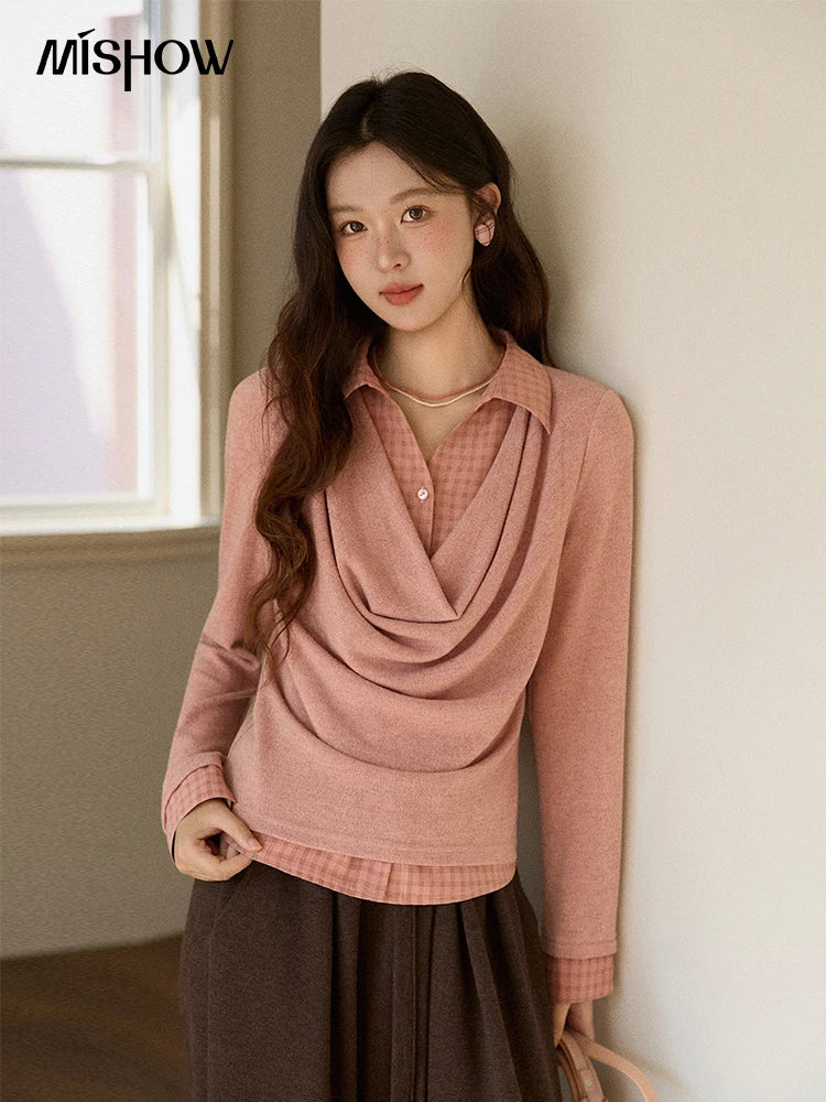 Mishow Pink Faux Two-Piece Plaid Draped Collar Pullover MXE87Z2747