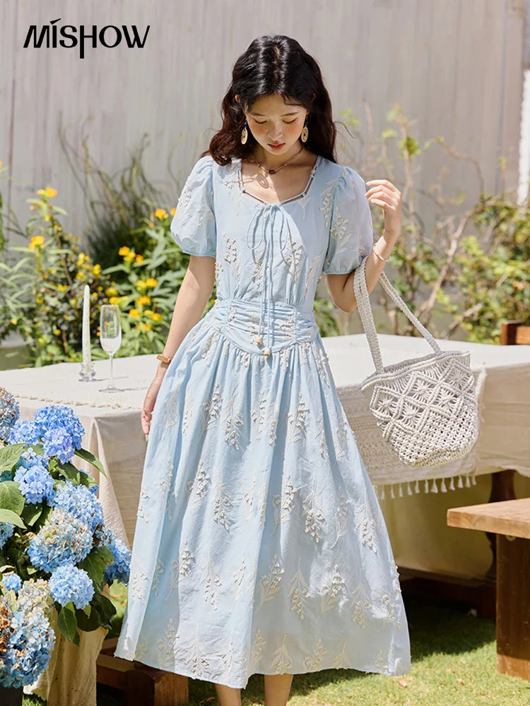 Mishow Blue Square Neck Bubble Sleeve Cotton Dress MXE35L2234