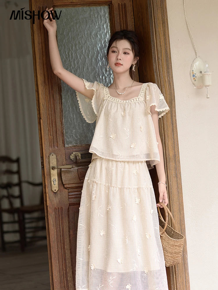 MISHOW Butterfly Flying Sleeve Blouse & Elastic Waist Skirt Set MXD29X1559