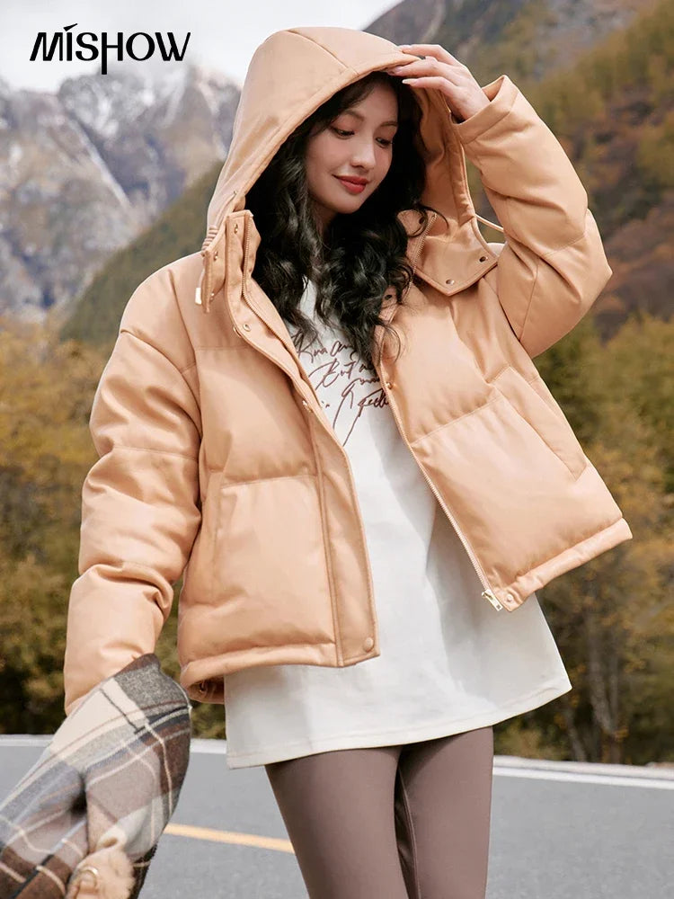 Mishow Hooded Imitation Leather Short Down Jacket MXC52Y0008