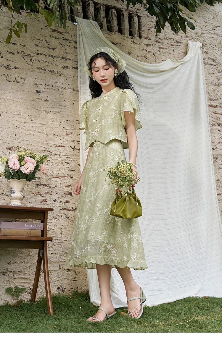 Mishow Chinese Green Stand Collar Top & Selvedge Skirt Set MXD22X1388
