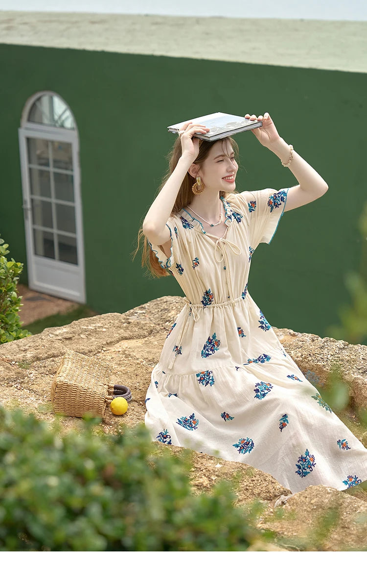 Mishow French Embroidered Flower Drawstring Dress MXD24L1835