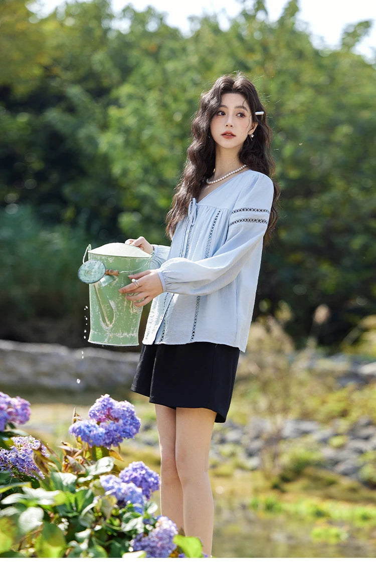 MISHOW Blue V-Neck Shirt Lace-Up Hollow Lantern Sleeve MXE12C0411