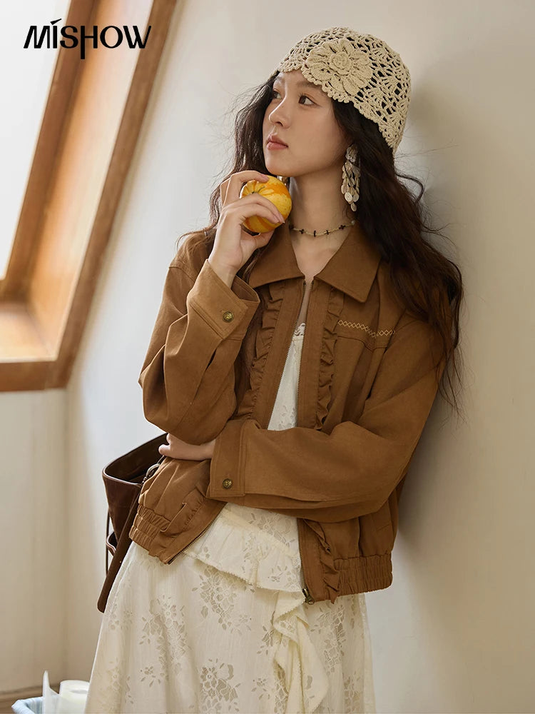 MISHOW Brown Suede Short Coat Fungus Edge Pleating Lapel Zipper MXE43W0803