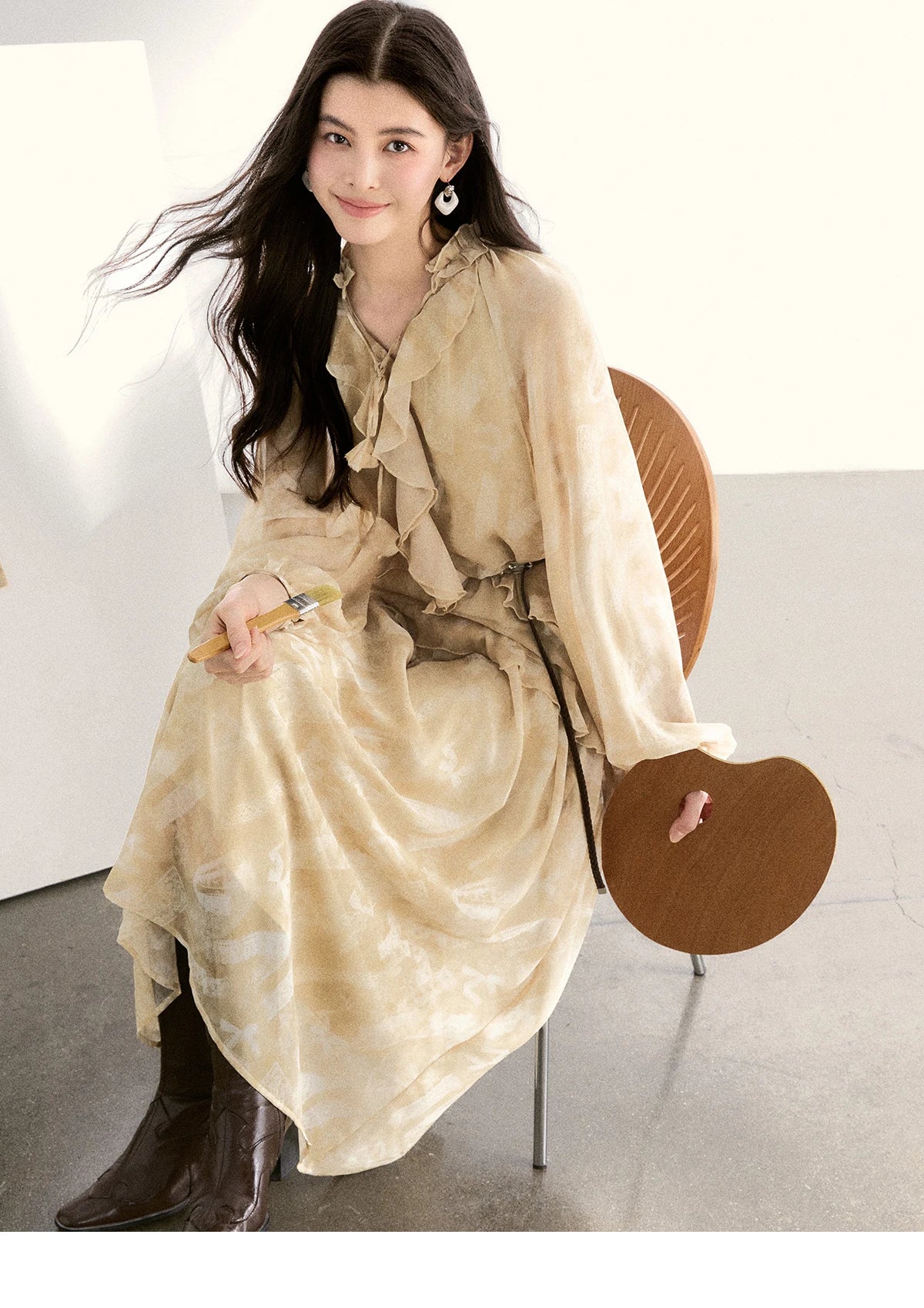 MISHOW Light Yellow Chiffon Maxi Dress V-Neck Ruffled Belted MXF11L2554