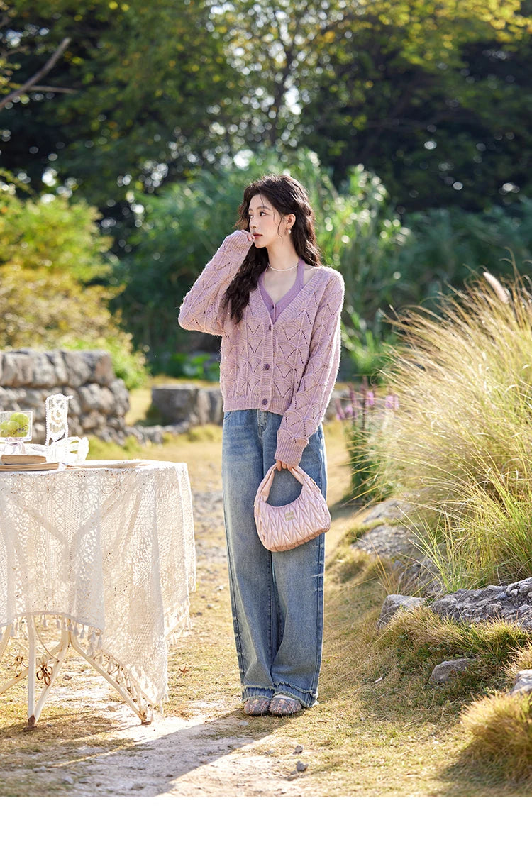 Mishow French Diamond Plaid V-Neck Hollow Cardigan MXE11Z1198
