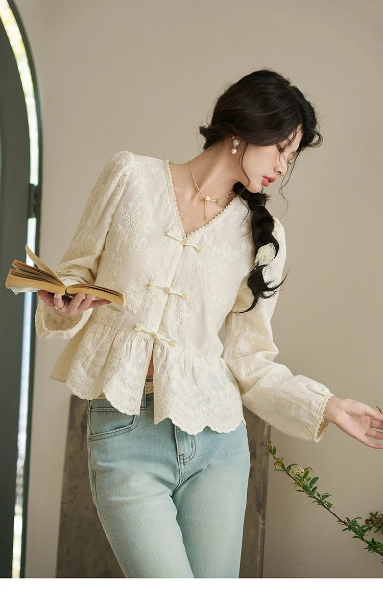 MISHOW Chinese Lace Blouse V-Neck Embroidery MXD14X1433
