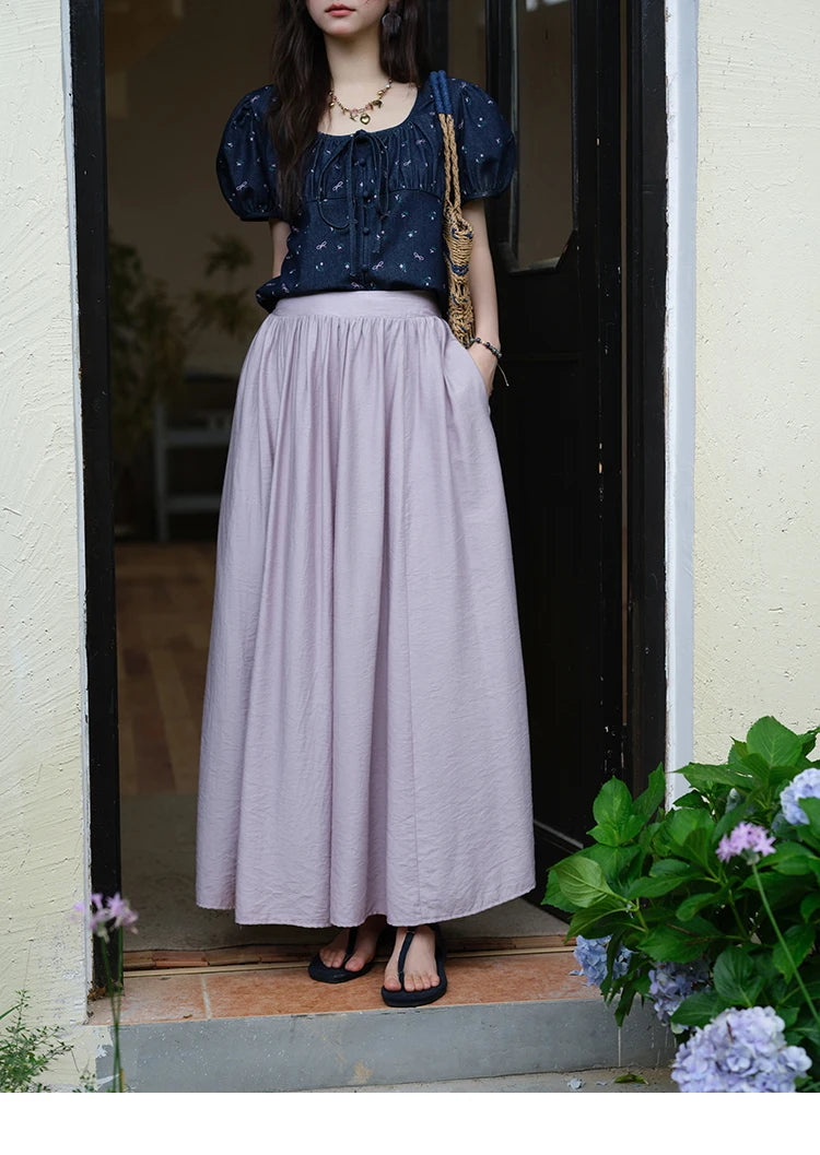 MISHOW Puff Sleeve Square Neck Blouse Lace Up Print Denim MXE39X1933