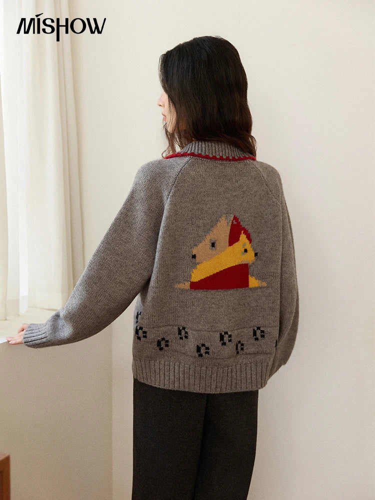 Mishow Dog Cartoon Jacquard Turn-Down Cardigan MXE86Z2727