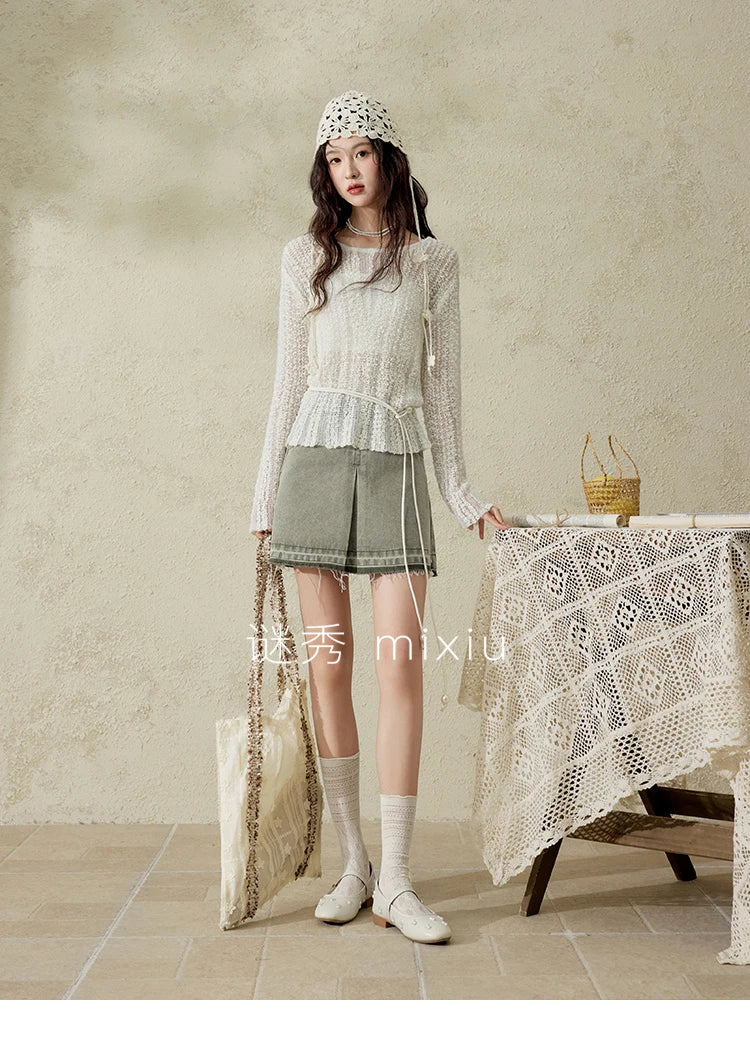 Mishow Apricot White Hollow Mohair Drop Sleeve Top MXE12Z1120