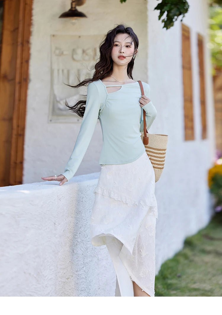 Mishow Irregular Hollow Neck Slim Solid Top MXE13Z1116