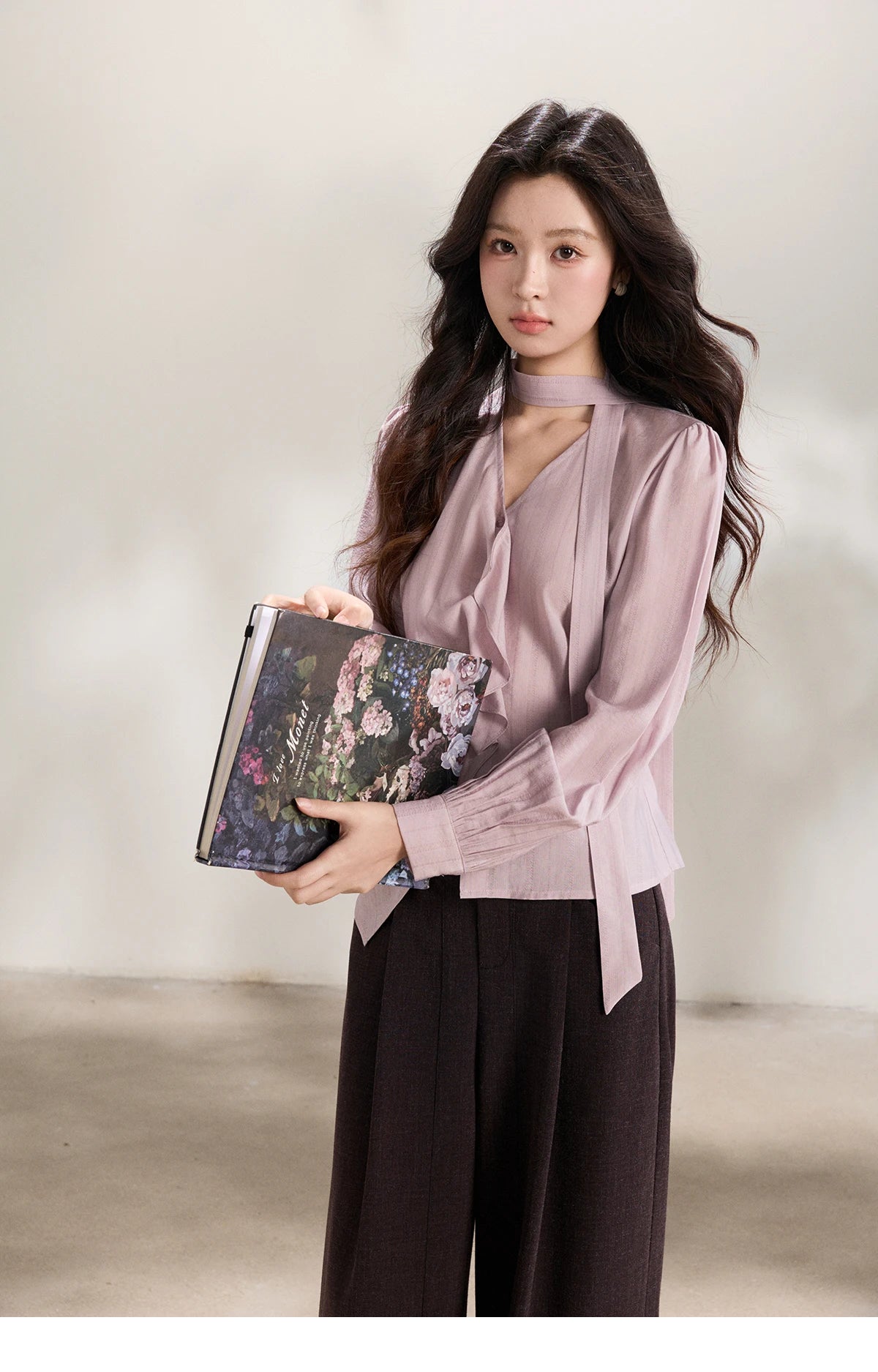MISHOW Women's Purple Ribbon V-Neck Ruffled Shirt MXF13X2527