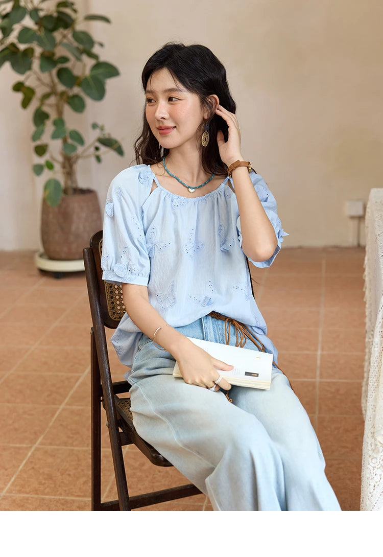 MISHOW Butterfly Embroidery Blouse Hollow Out O-Neck MXE36X1878