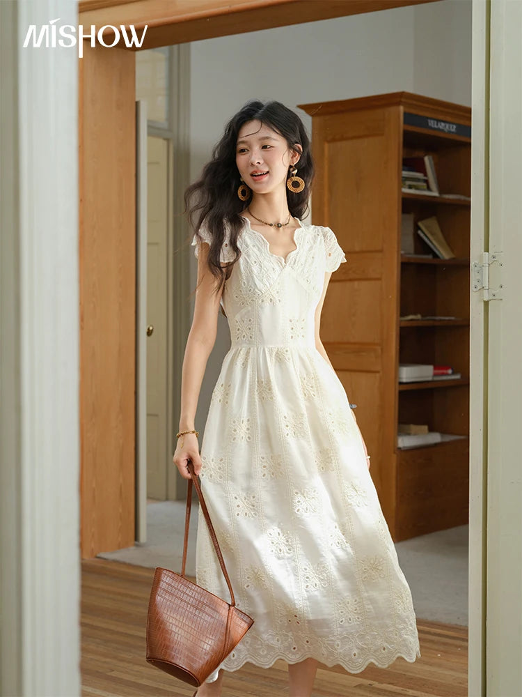 Mishow Flying Sleeve V-Neck Hollow Embroidered Dress MXE39L2404