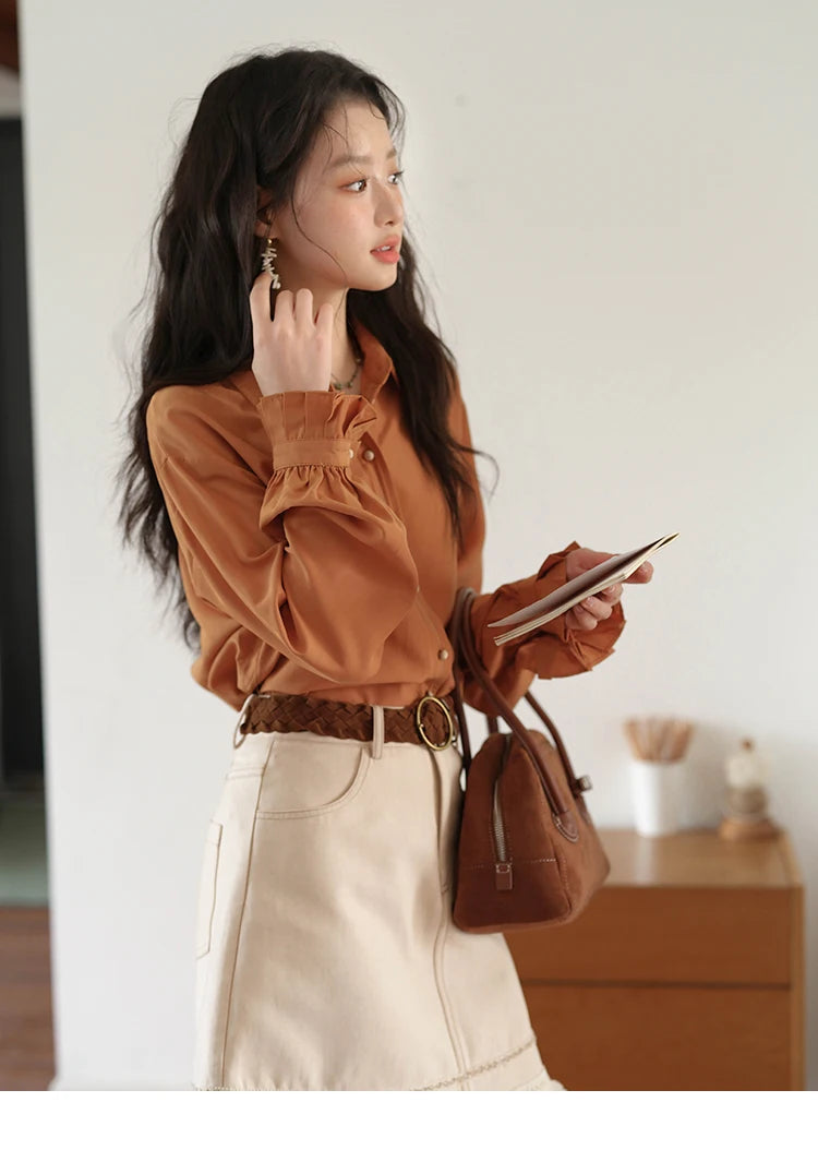 MISHOW Women's Color Block Shirt Pleated Cuffs Lapel Top MXE41C2352