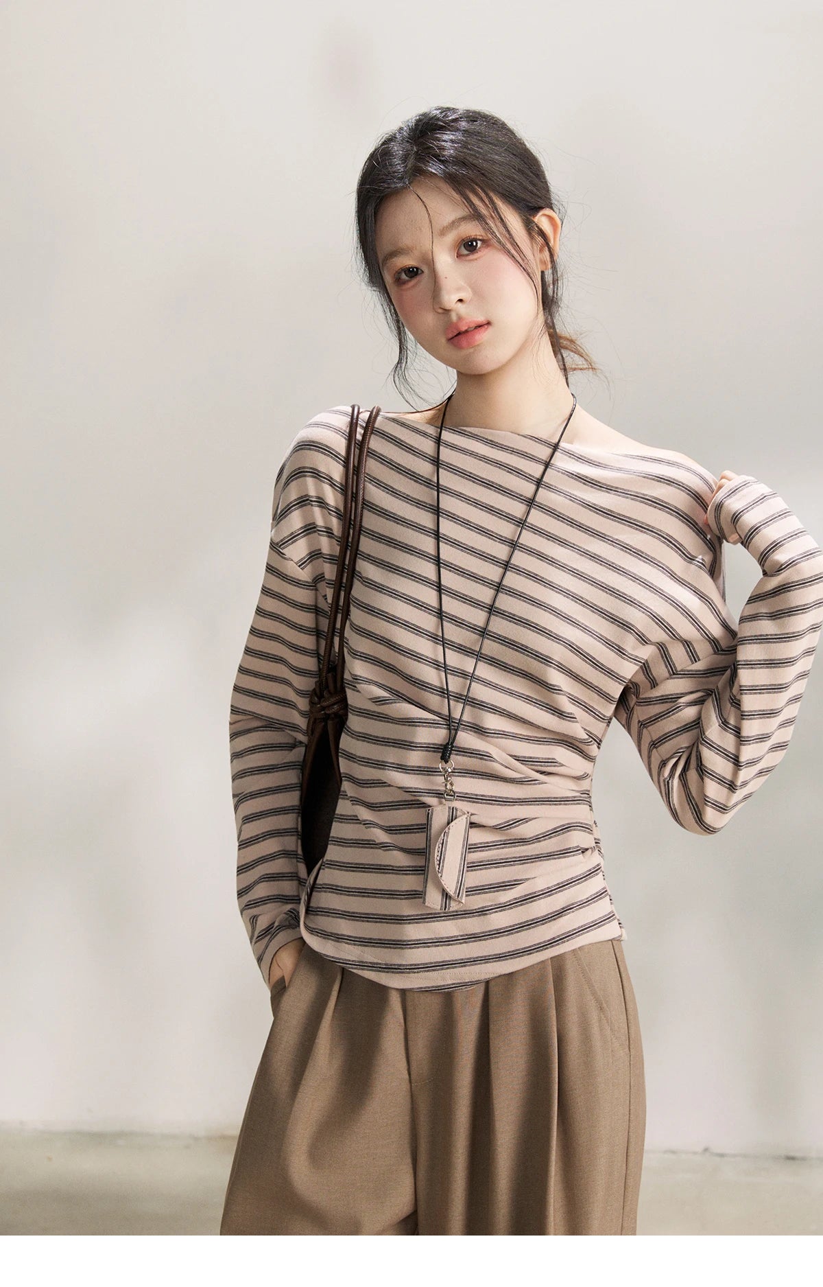 Mishow Striped Boat Neck T-Shirt with Necklace MXF13T1514