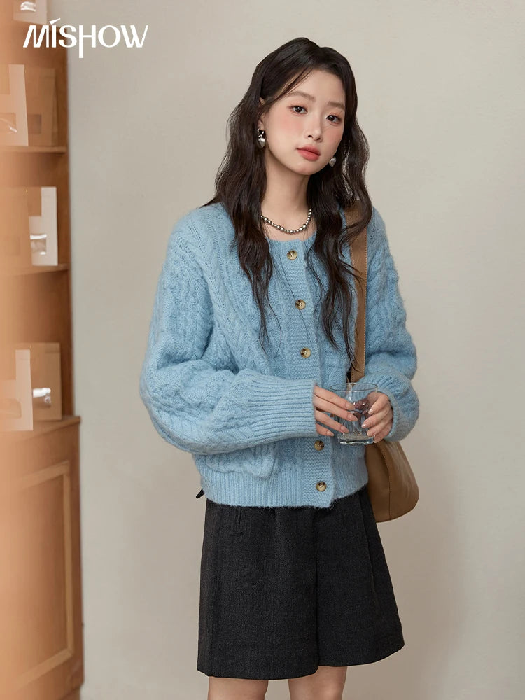 Mishow Light Blue Retro Crew Neck Pocket Cardigan MXE49Z2614