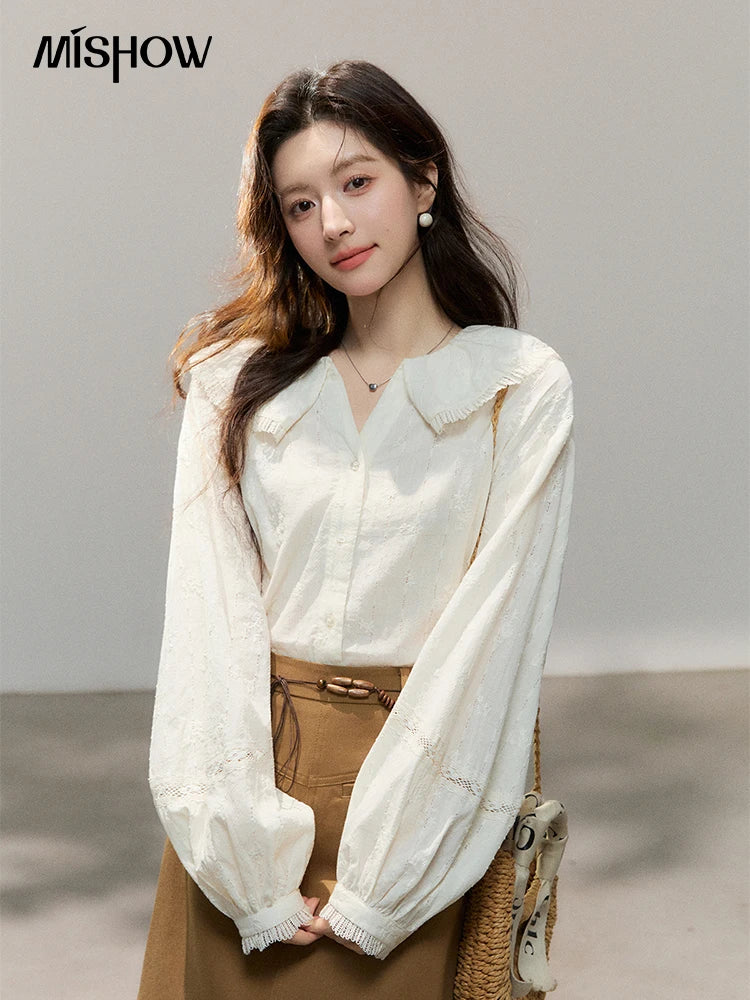 MISHOW Beige Lace Shirt Peter Pan Collar Micro Lantern Sleeve MXF108C0813