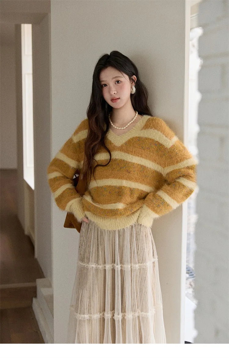 Mishow Retro Yellow Striped Faux Mink Jacquard Sweater MXE87Z2766