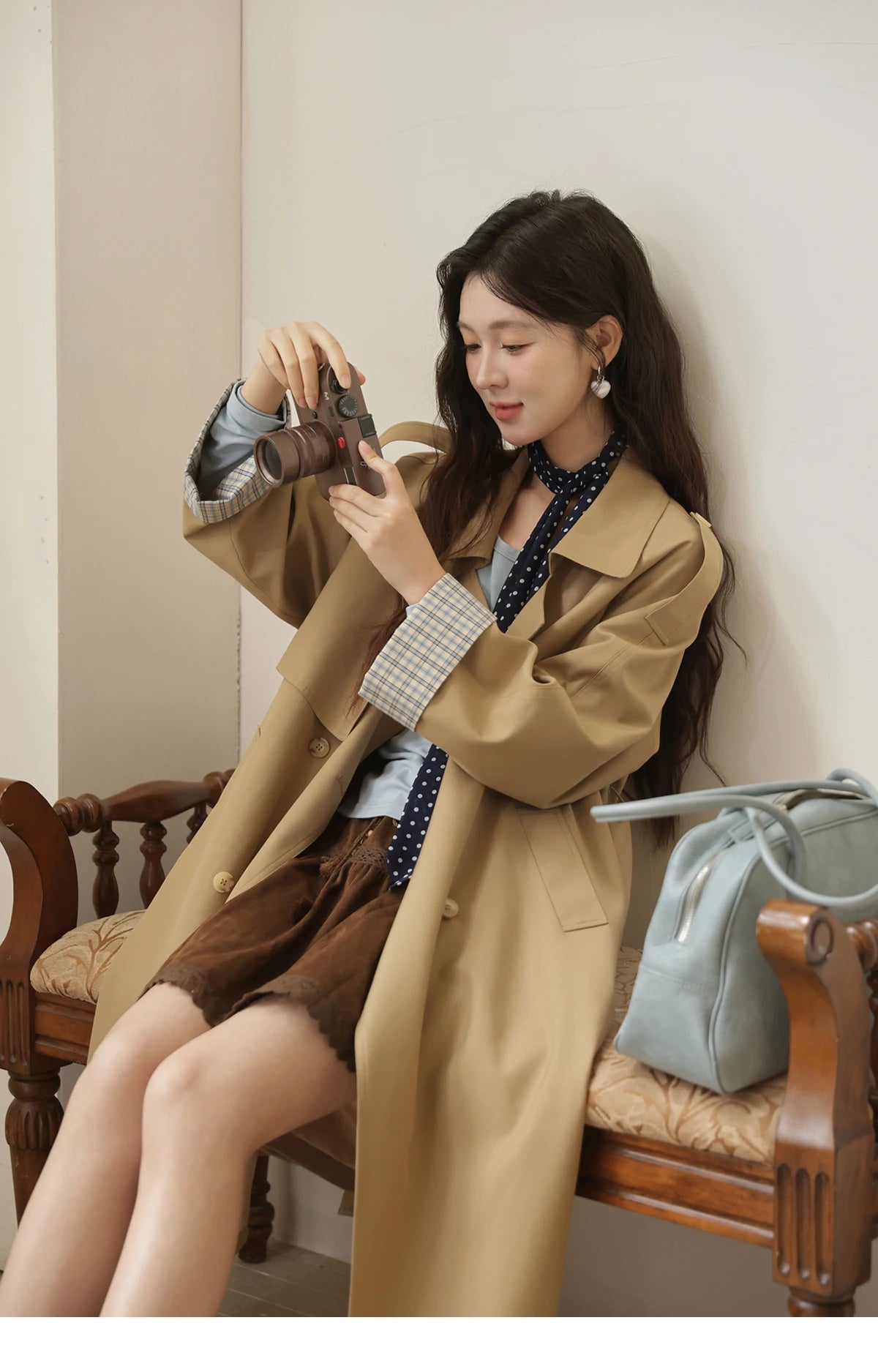 Mishow Khaki Retro Plaid Flip Sleeve Trench Coat MXE44W0814