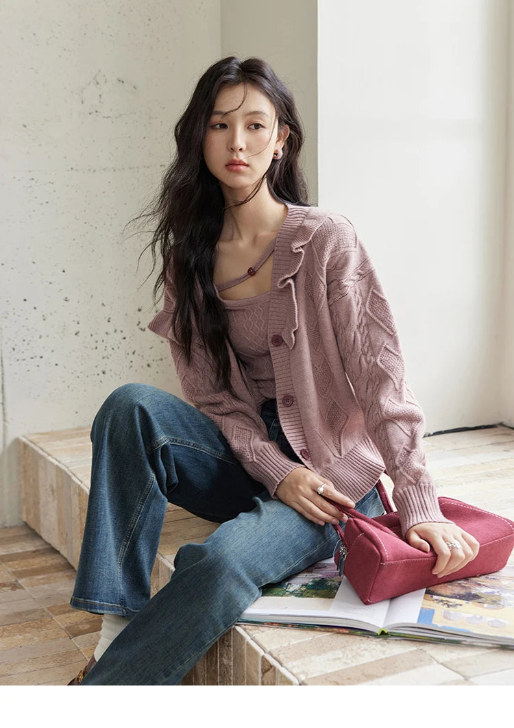 Mishow Pink Asymmetric Flounce Knit Vest Set MXD45Z0781