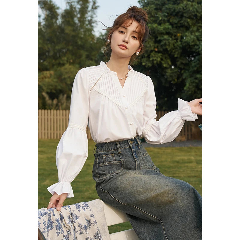 MISHOW French Pleated V-Neck Shirt Petal Patchwork Ruffle Sleeve MXD13X1354