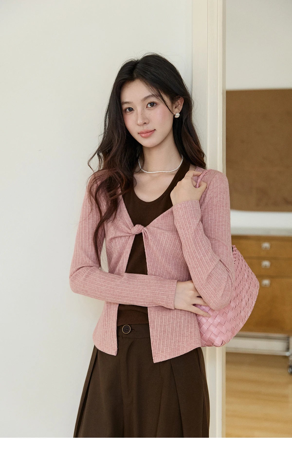 Mishow Pink Brown Fake Two-Piece Knot Front Top MXF11Z2912
