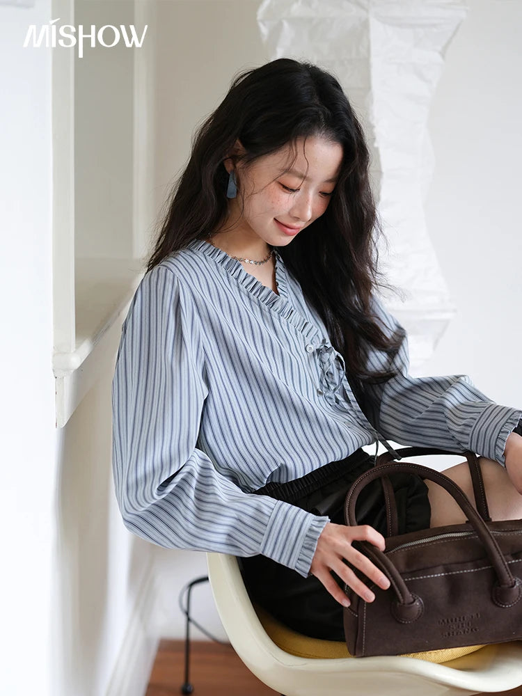MISHOW Blue Striped Velvet Shirt V-Neck Asymmetrical Lace-Up MXE42X2472