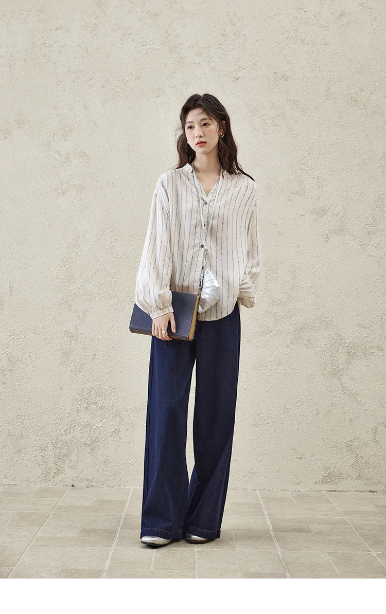 Mishow Stitching Ruffle High Waist Wide Leg Jeans MXE16K0907