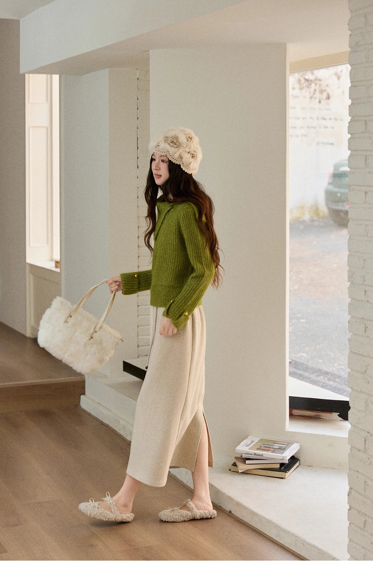 Mishow Green Wool Blend Long-Pile Large Lapel Pullover MXE90Z2760