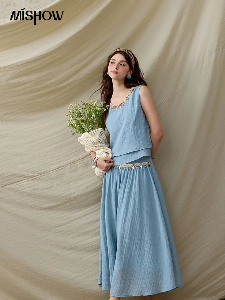 Mishow Sheel Ribbon Round Neck Top & High Waist Skirt Set MXE32T0556
