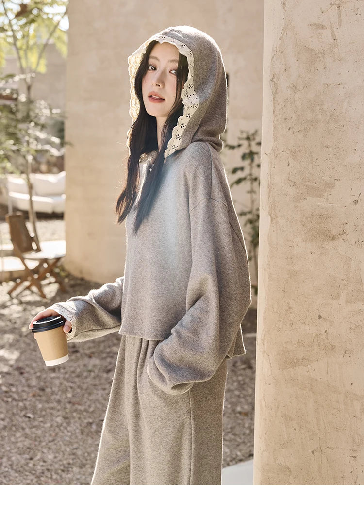 Mishow Lace Splicing Hooded Sweatshirt & Wide Leg Pants Set MXD34V0098
