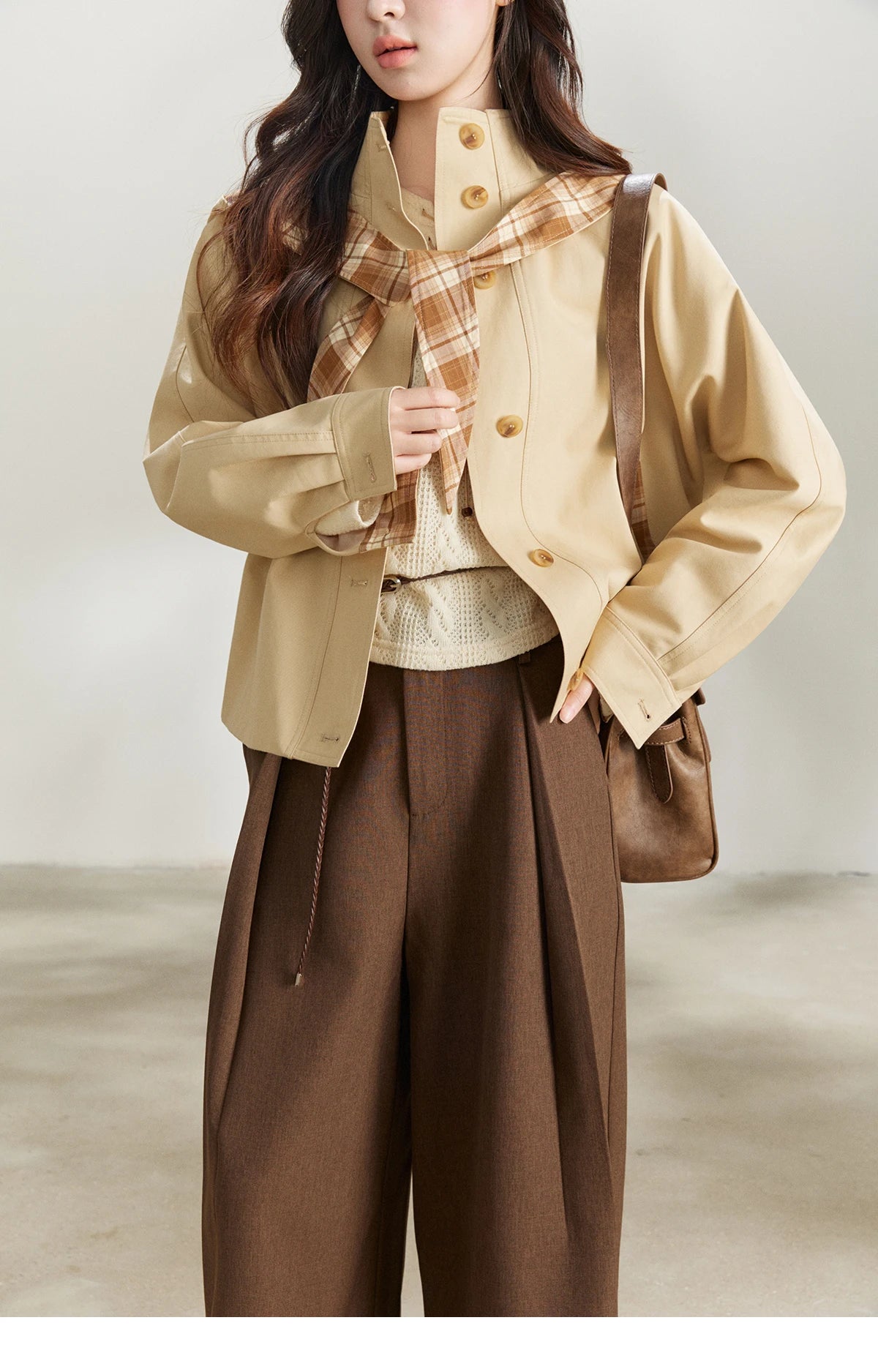 MISHOW Khaki Cropped Trench Coat Lapel Stand Collar MXF108W1003