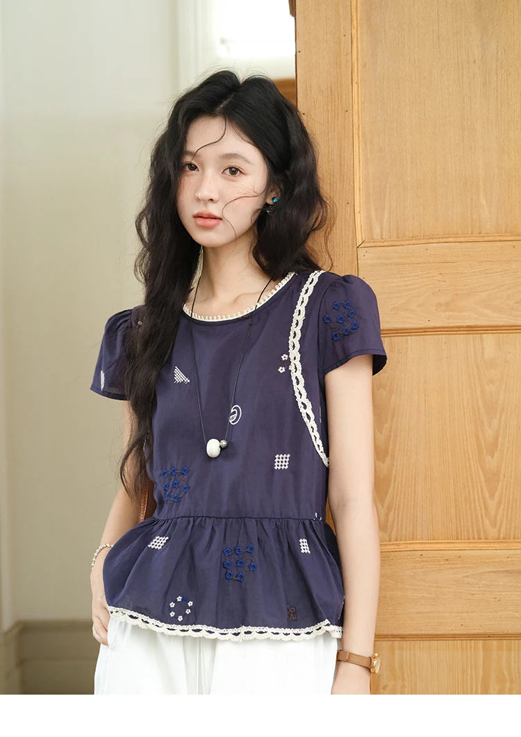 MISHOW O-Neck Spliced Lace Blouse Embroidery Flower MXE39X1965